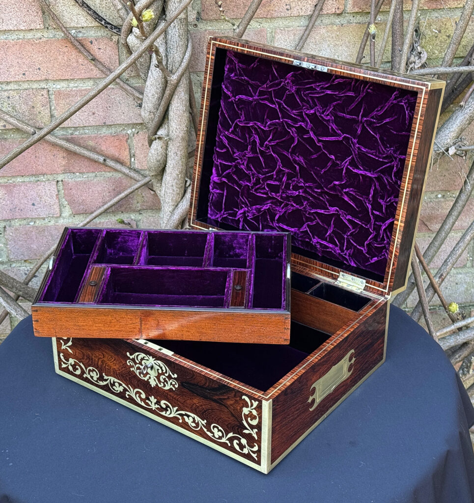 Front right internal view of an Antique Jewellery Box in Rosewood with Scrollwork Brass Inlay.