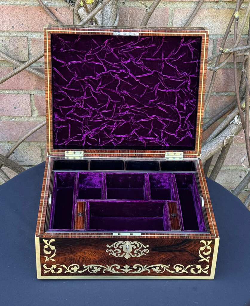 Front internal view of an Antique Jewellery Box in Rosewood with Scrollwork Brass Inlay.