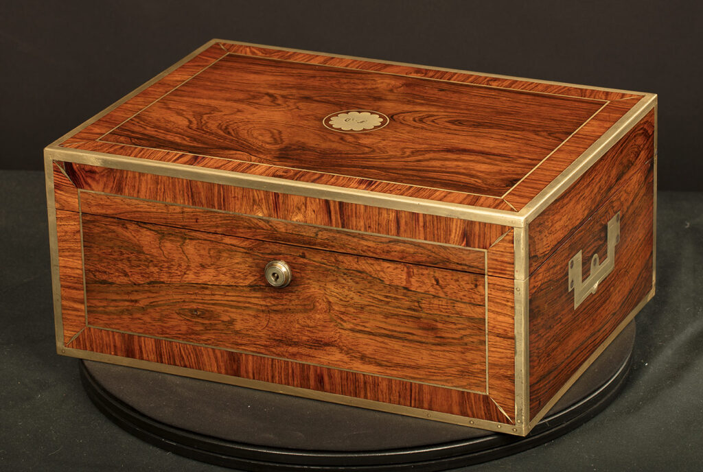 Front right view of an Antique Silver Mounted Dressing Case in Rosewood, by David Edwards.