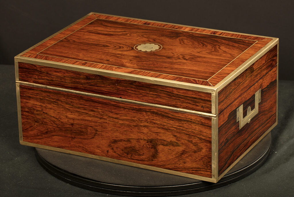Rear left view of an Antique Silver Mounted Dressing Case in Rosewood, by David Edwards.