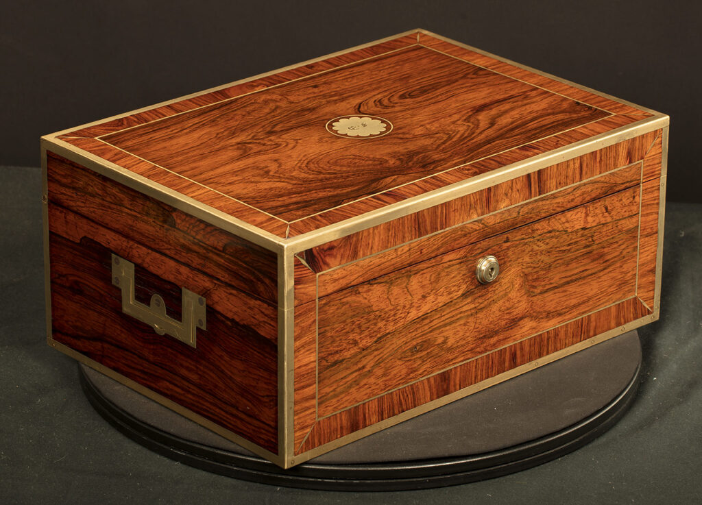 Front left view of an Antique Silver Mounted Dressing Case in Rosewood, by David Edwards.