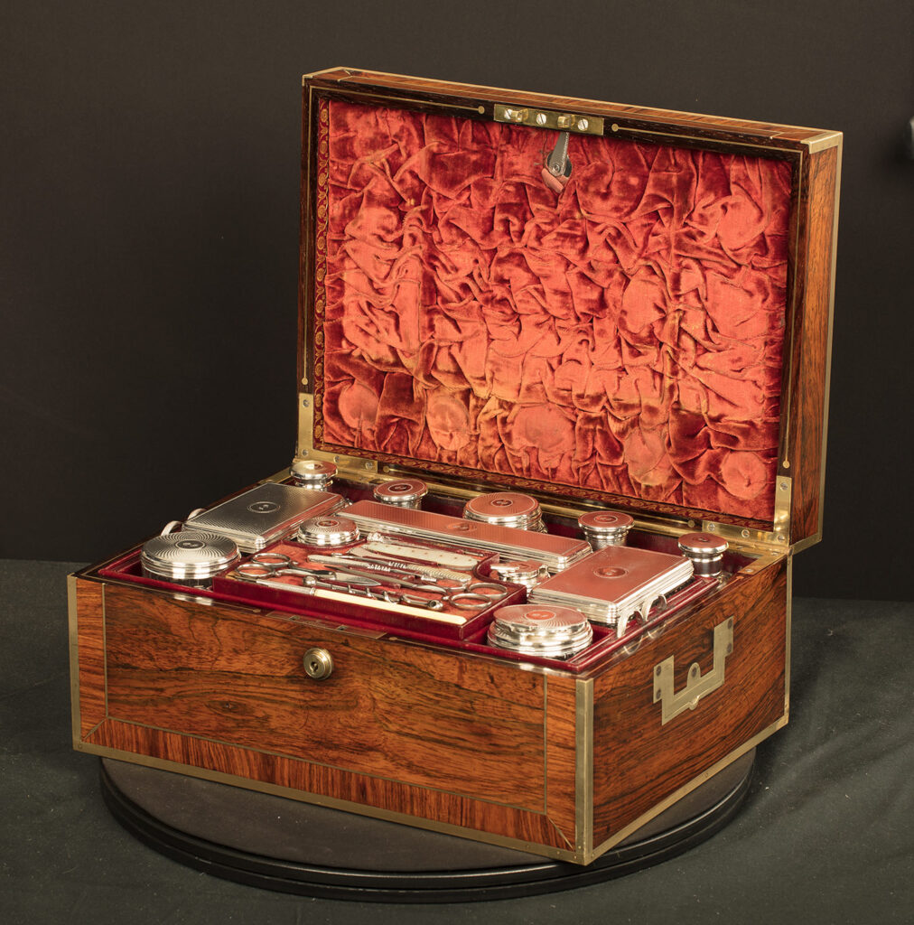 Front right internal view of an Antique Silver Mounted Dressing Case in Rosewood, by David Edwards.