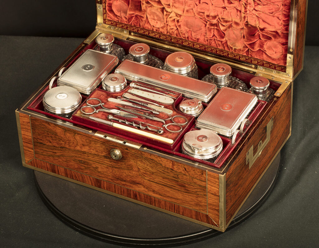 Close up interior view of an Antique Silver Mounted Dressing Case in Rosewood, by David Edwards.