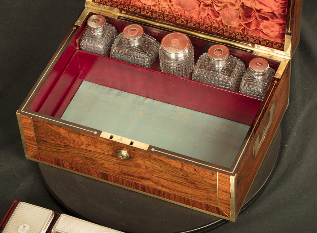 Close up interior base view of an Antique Silver Mounted Dressing Case in Rosewood, by David Edwards.