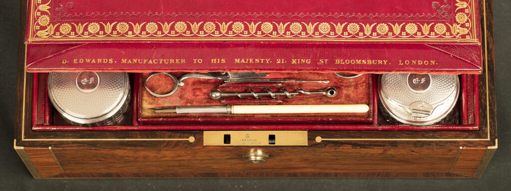 Gold tooled makers mark from an Antique Silver Mounted Dressing Case in Rosewood, by David Edwards.