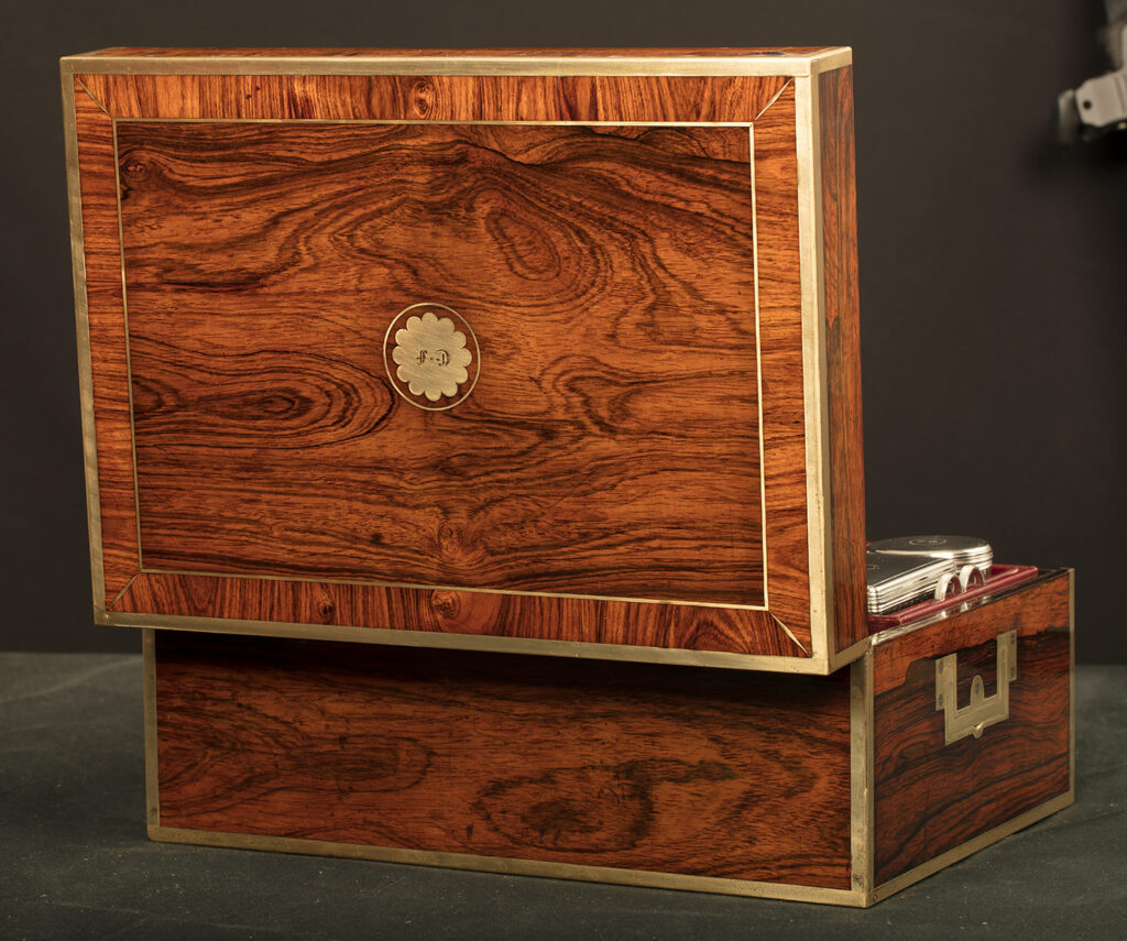 Rear open view of an Antique Silver Mounted Dressing Case in Rosewood, by David Edwards.