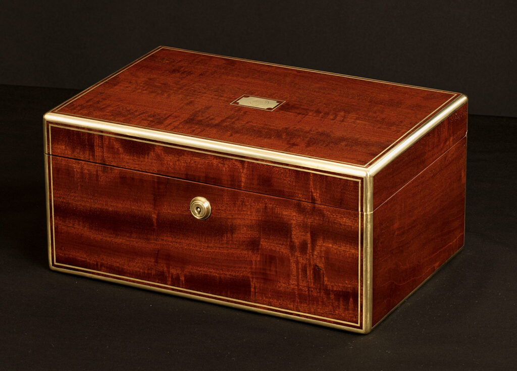 Front right view of an Antique Gentleman’s Silver Mounted Dressing Case in Cuban Mahogany, by David Edwards.