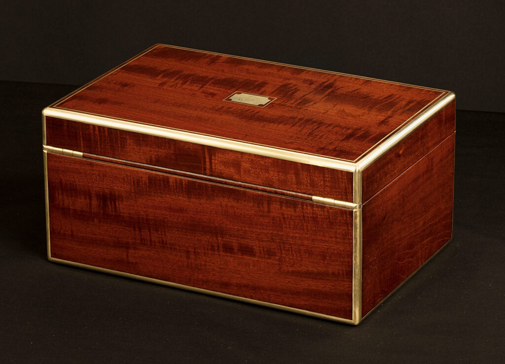 Rear left view of an Antique Gentleman’s Silver Mounted Dressing Case in Cuban Mahogany, by David Edwards.
