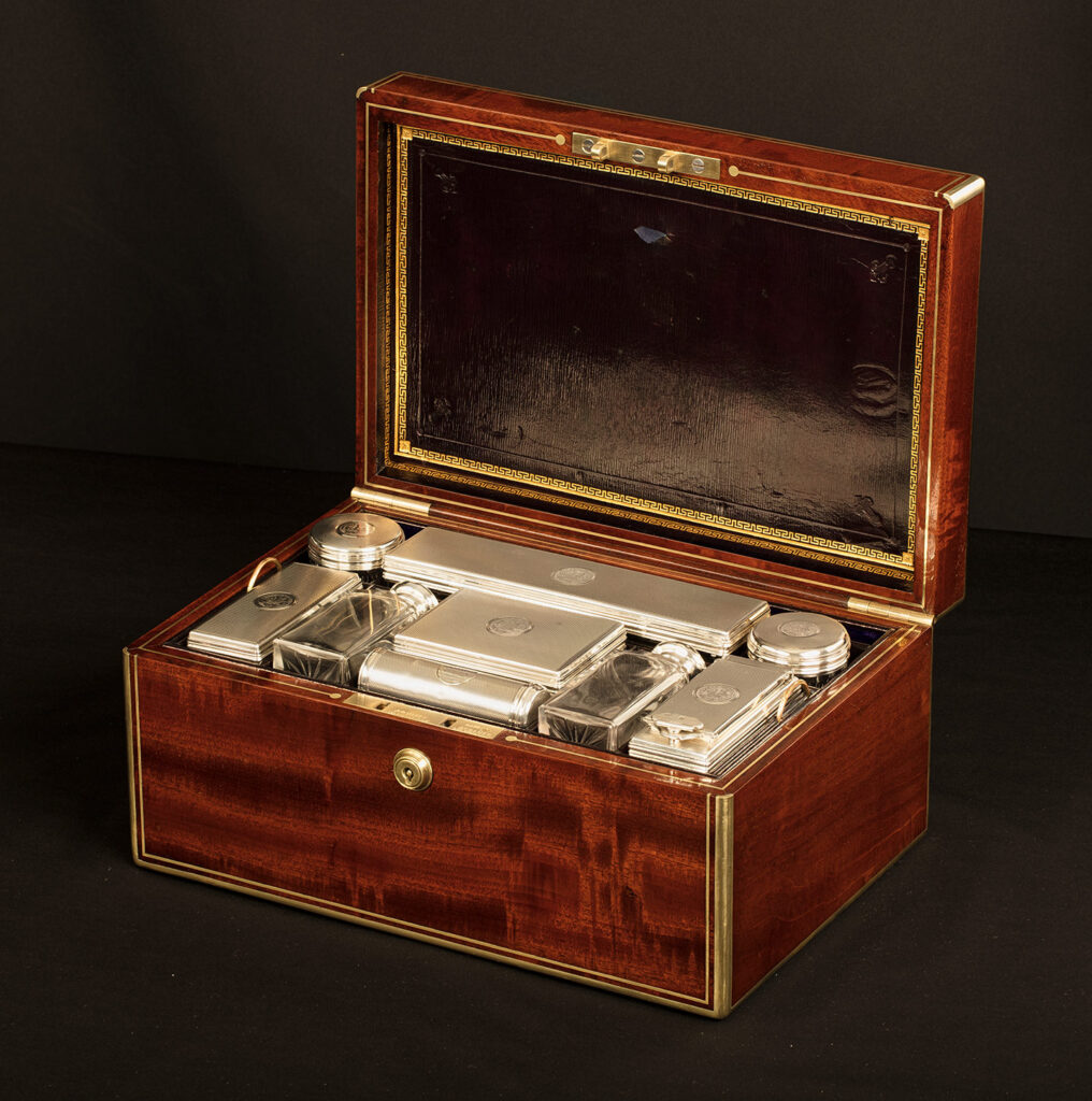 Front right internal view of an Antique Gentleman’s Silver Mounted Dressing Case in Cuban Mahogany, by David Edwards.