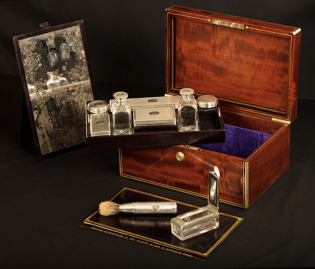 View of an Antique Gentleman’s Silver Mounted Dressing Case in Cuban Mahogany, by David Edwards with all contents removed.
