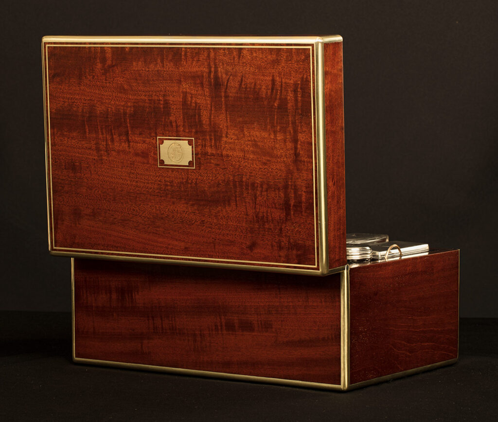 Rear open view of an Antique Gentleman’s Silver Mounted Dressing Case in Cuban Mahogany, by David Edwards.