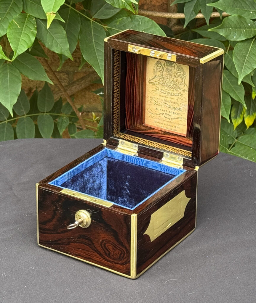 Front right internal view of a Miniature Antique Jewellery Box by David Edwards.