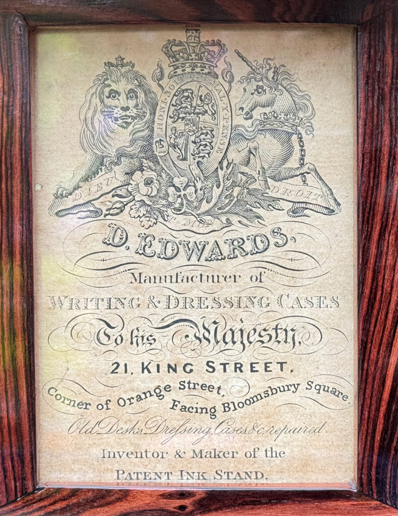 Manufacturers label from a Miniature Antique Jewellery Box by David Edwards.