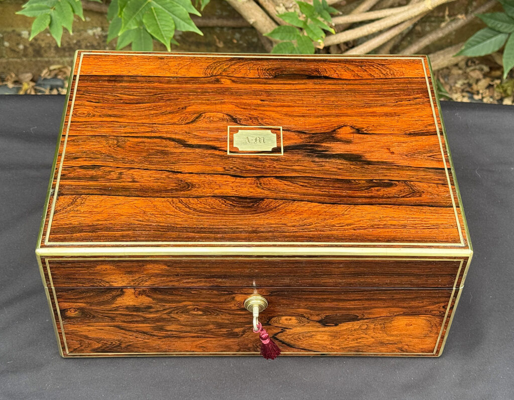 Overhead front view of an Antique Dressing Case in Rosewood by David Edwards.