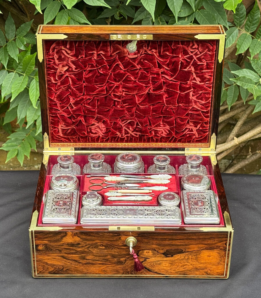 Front internal view of an Antique Dressing Case in Rosewood by David Edwards.