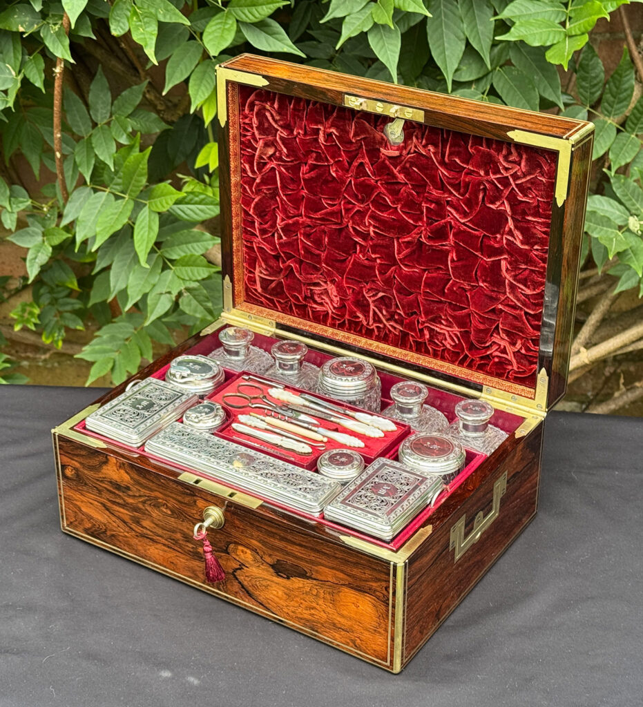 Front right internal view of an Antique Dressing Case in Rosewood by David Edwards.