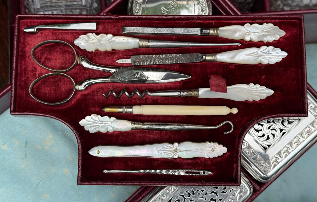 Close up of the tool tray from an Antique Dressing Case in Rosewood by David Edwards.