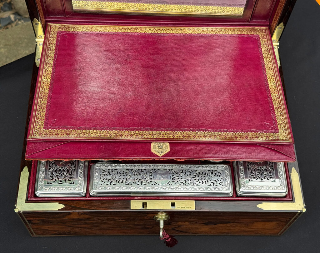 Close up of the internal letter wallet from an Antique Dressing Case in Rosewood by David Edwards.