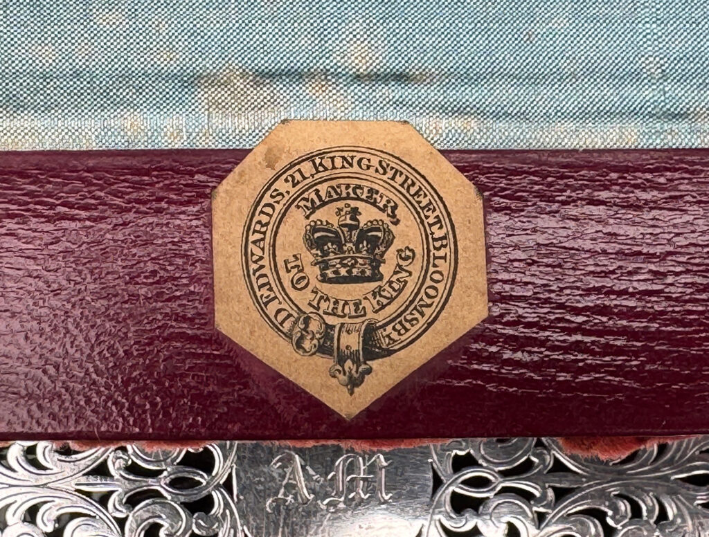 Close up of a makers label from an Antique Dressing Case in Rosewood by David Edwards.