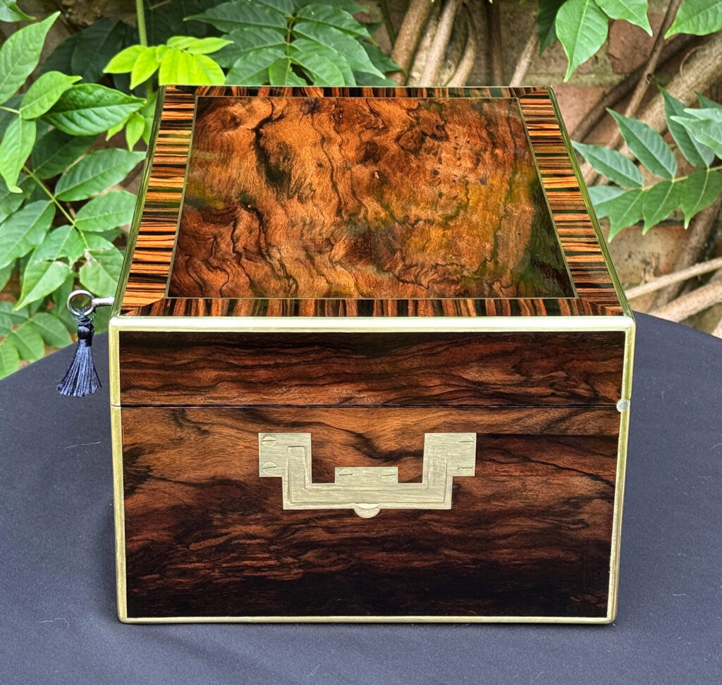 Right side view of an Antique Jewellery Box in Calamander, by Edwards.