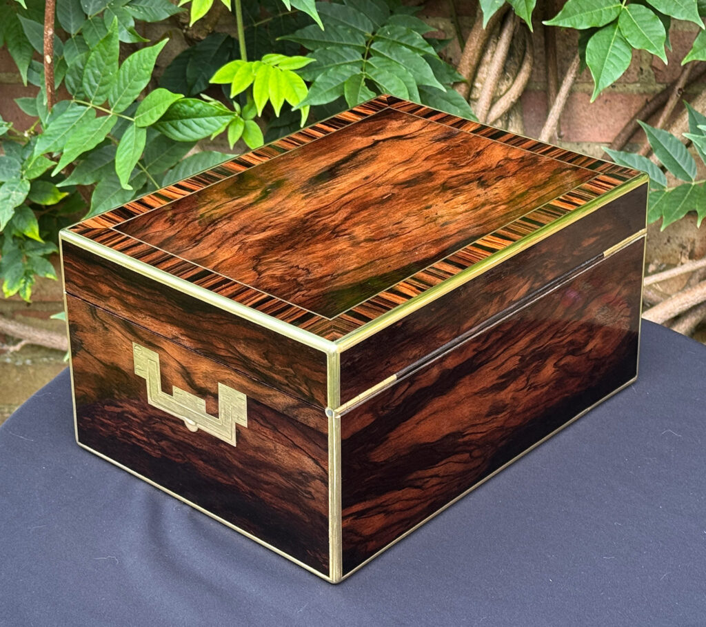 Rear right view of an Antique Jewellery Box in Calamander, by Edwards.