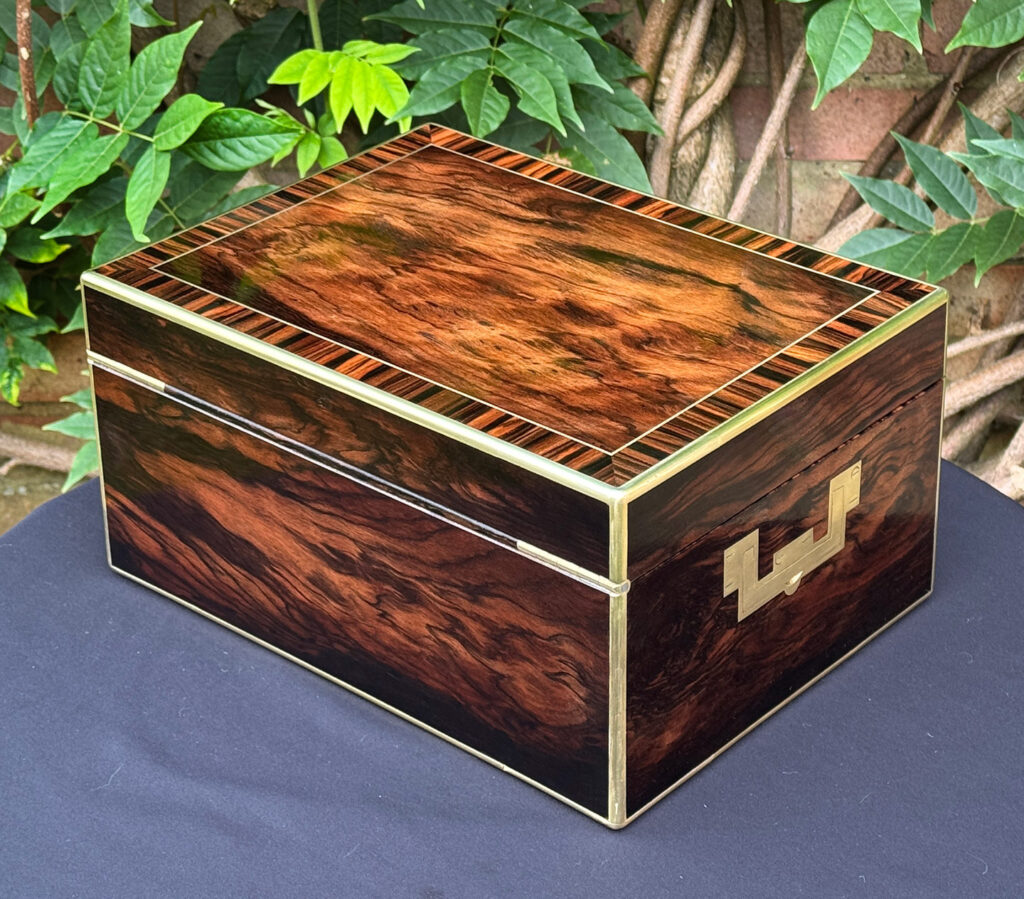 Rear left view of an Antique Jewellery Box in Calamander, by Edwards.