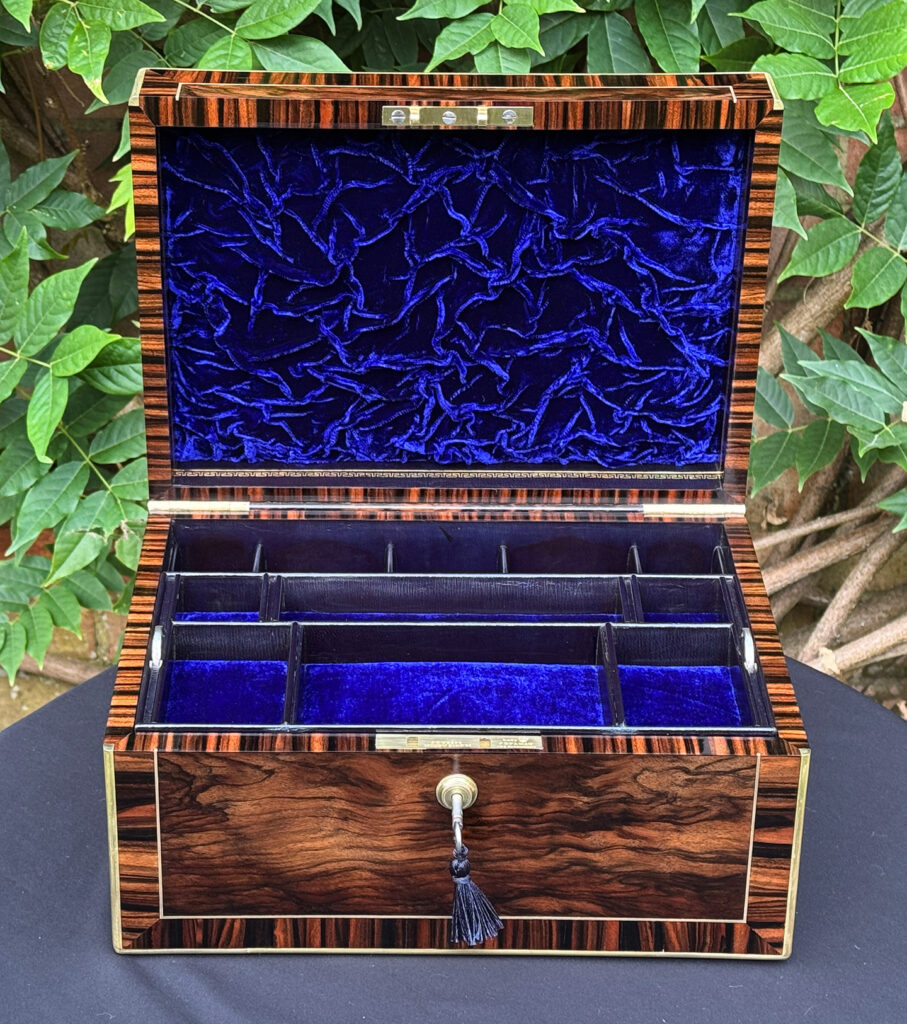 Front internal view of an Antique Jewellery Box in Calamander, by Edwards.