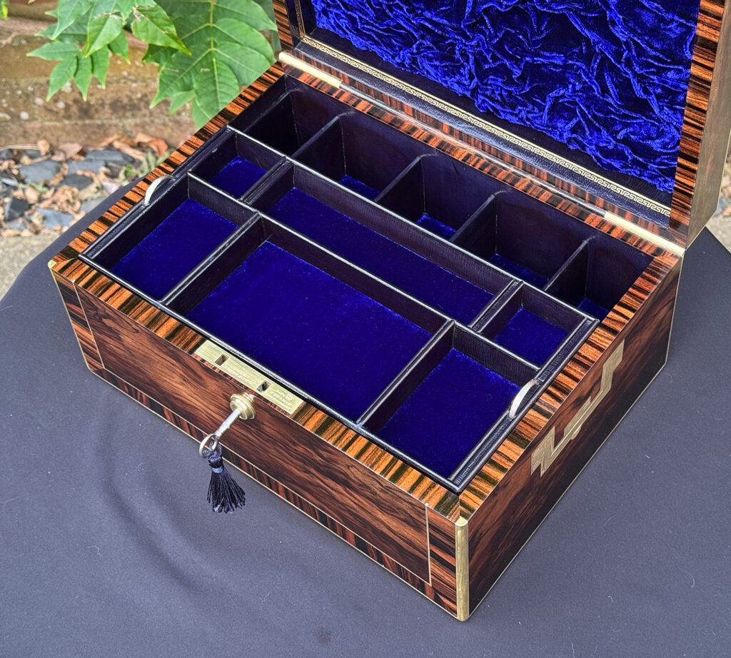 Closer internal view of an Antique Jewellery Box in Calamander, by Edwards.