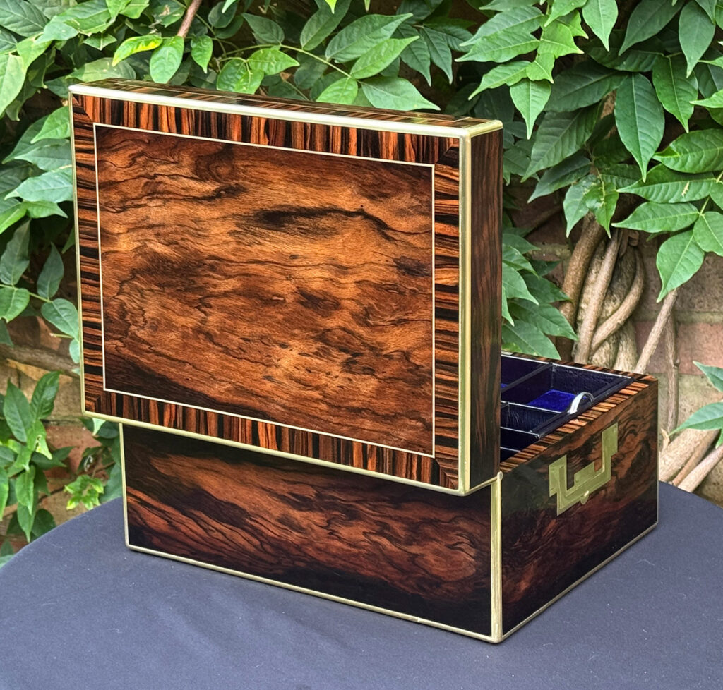 Rear left open view of an Antique Jewellery Box in Calamander, by Edwards.