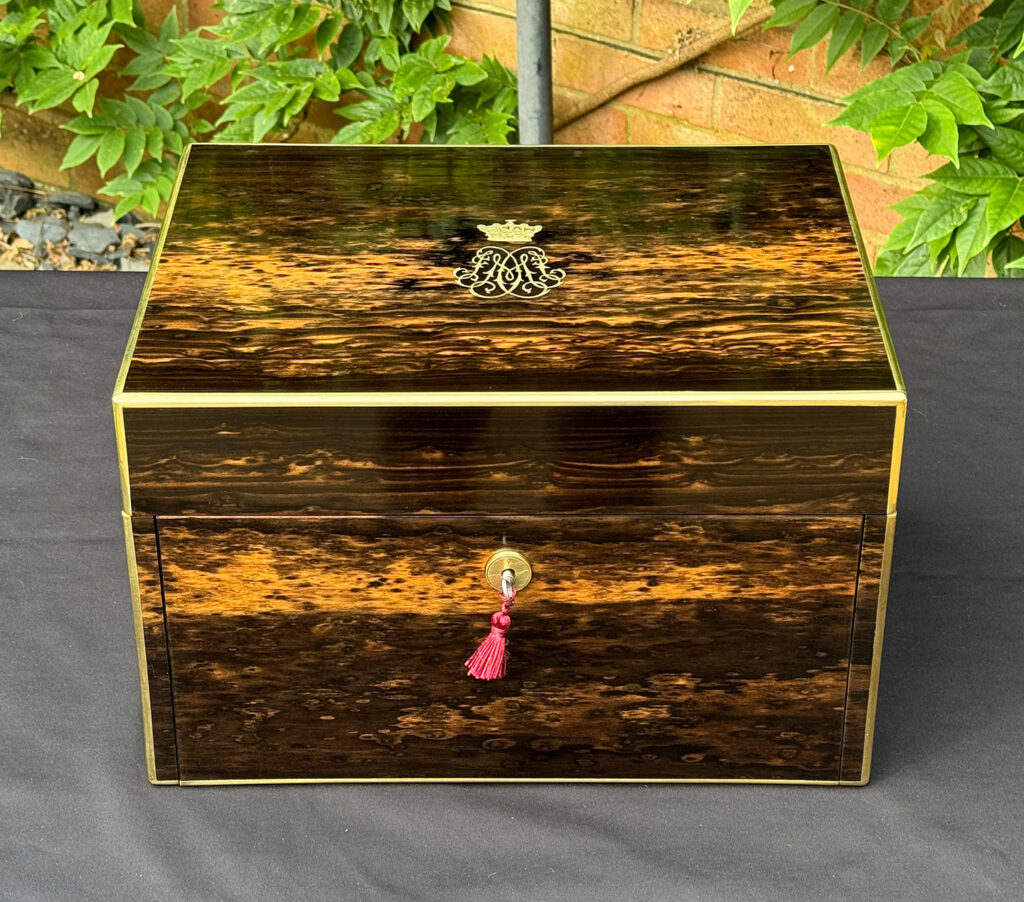 Overhead view of an Antique Jewellery Box with Secret Internal Travelling Box and Glass Display Area.