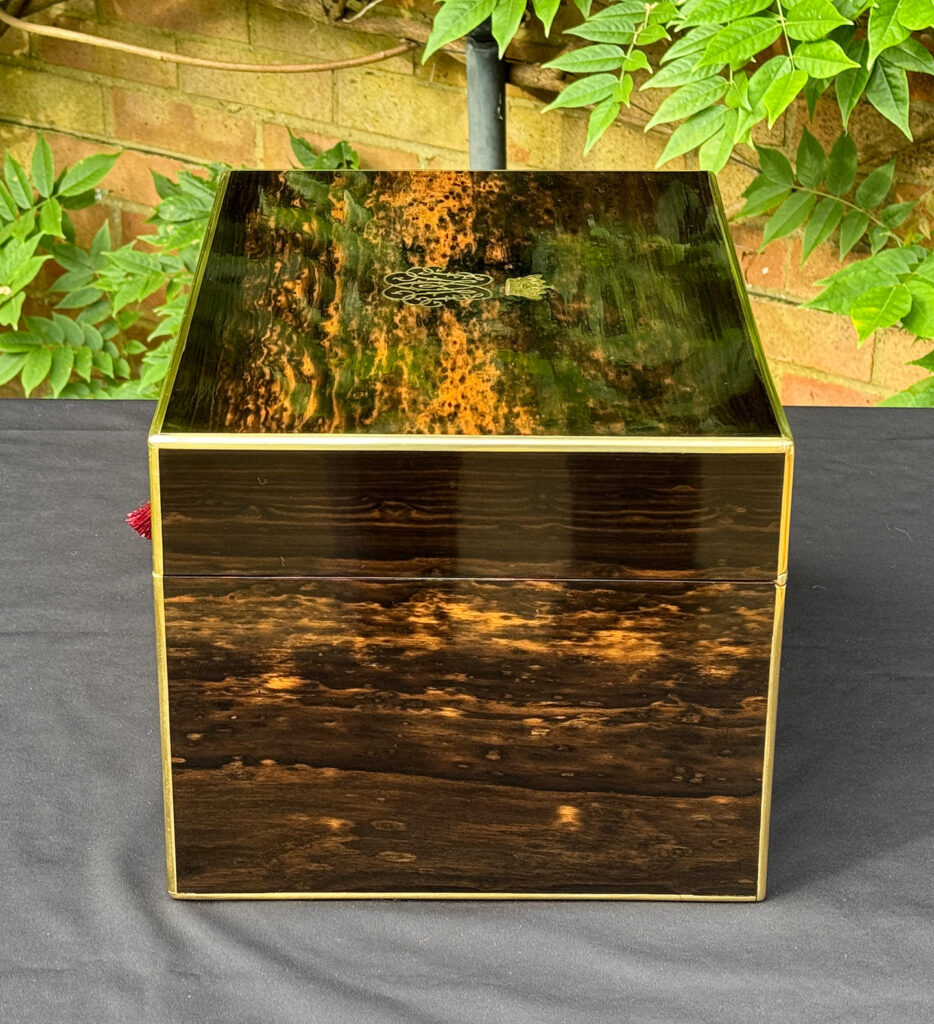 Right side view of an Antique Jewellery Box with Secret Internal Travelling Box and Glass Display Area.