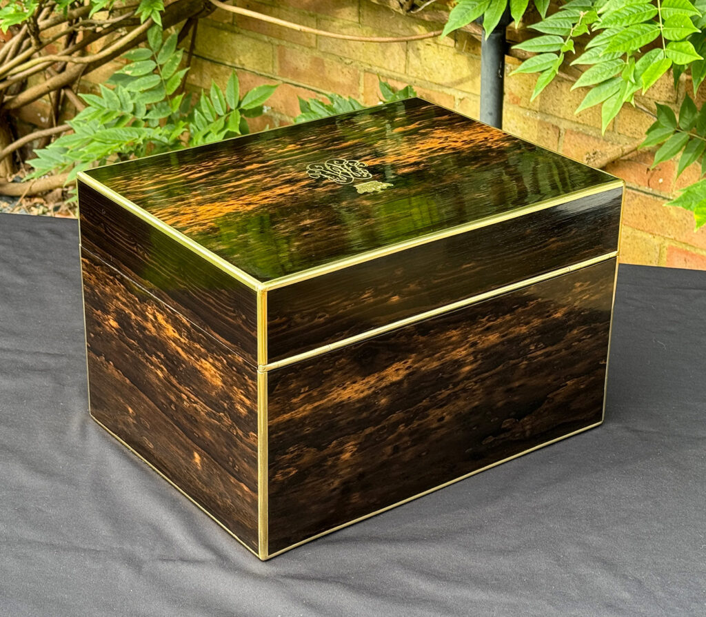 Rear right view of an Antique Jewellery Box with Secret Internal Travelling Box and Glass Display Area.