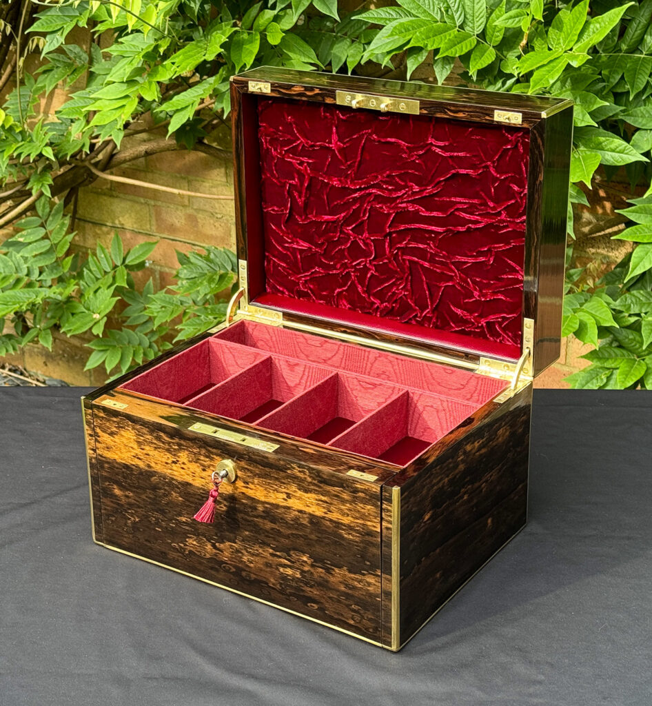 Front right internal view of an Antique Jewellery Box with Secret Internal Travelling Box and Glass Display Area.