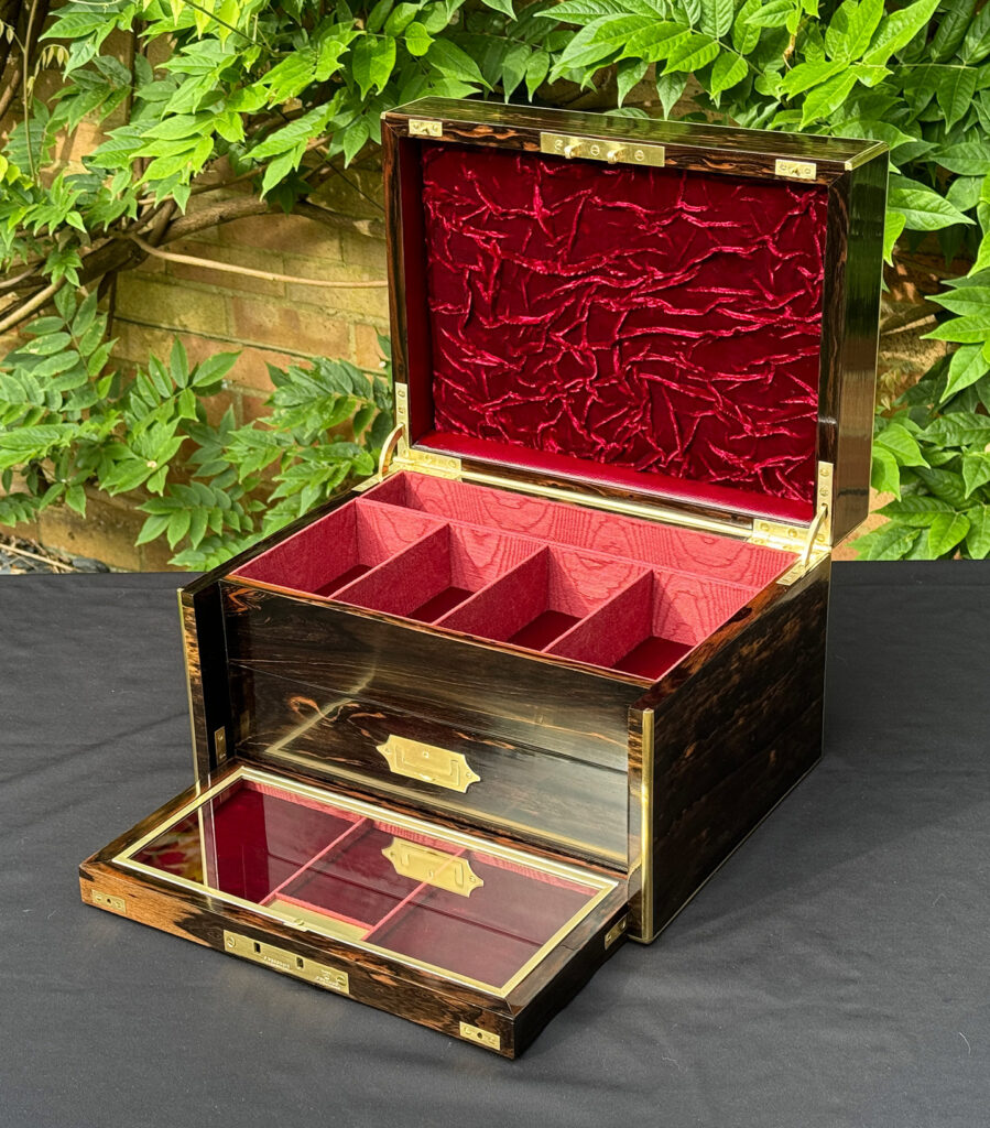 Front right internal view of an Antique Jewellery Box with Secret Internal Travelling Box and Glass Display Area.
