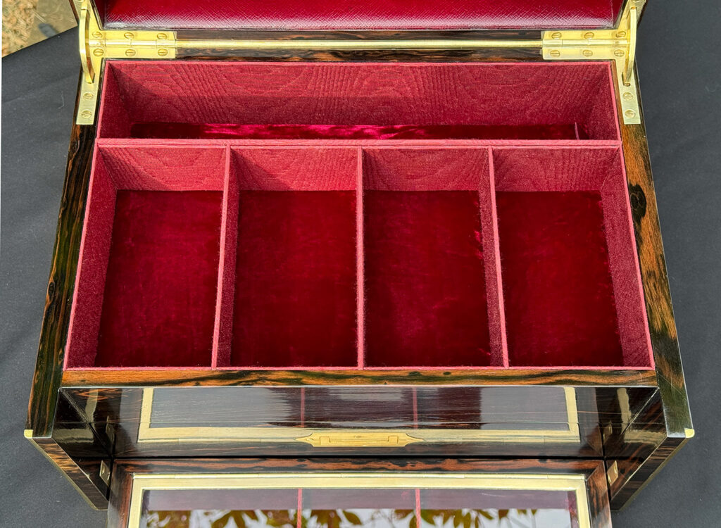 Overhead internal view of an Antique Jewellery Box with Secret Internal Travelling Box and Glass Display Area.