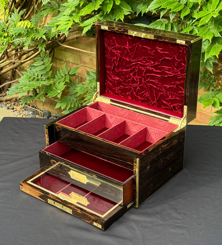 Front right internal view of an Antique Jewellery Box with Secret Internal Travelling Box and Glass Display Area with lower drawer open.