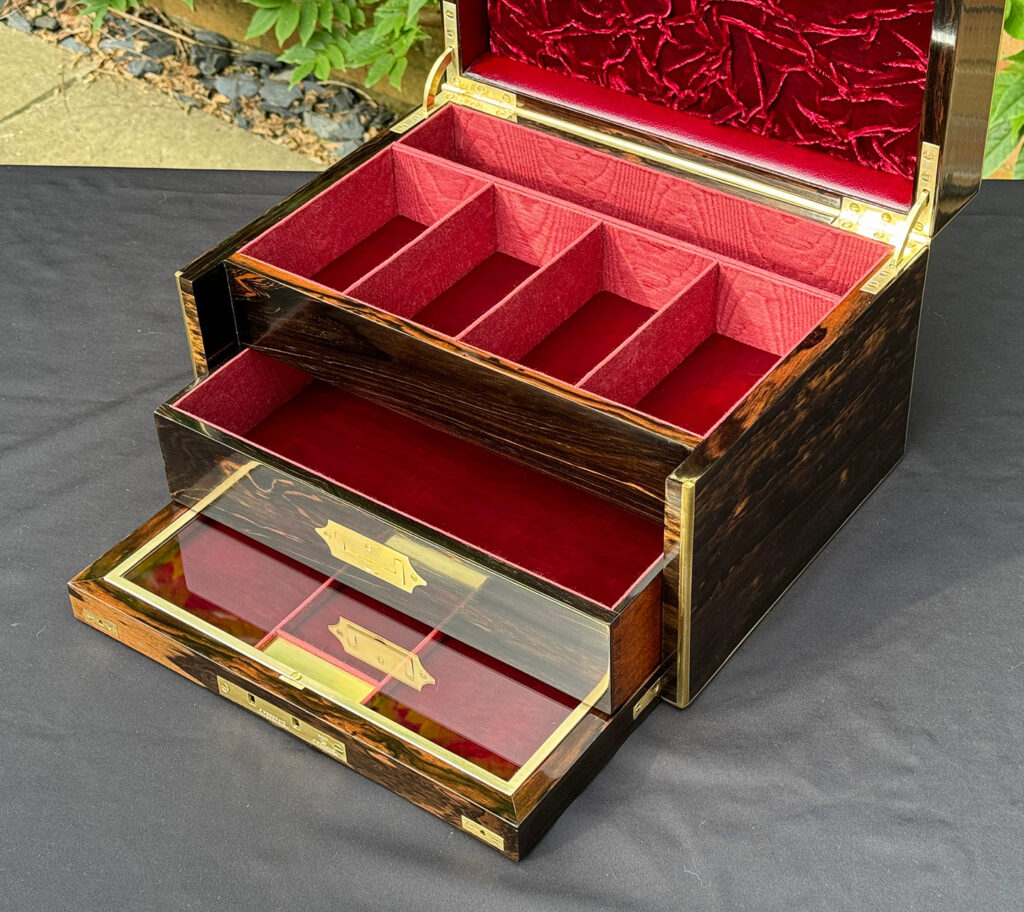 Closer internal view of an Antique Jewellery Box with Secret Internal Travelling Box and Glass Display Area with lower drawer open.