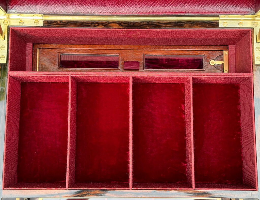 Overhead internal view of an Antique Jewellery Box with Secret Internal Travelling Box and Glass Display Area.