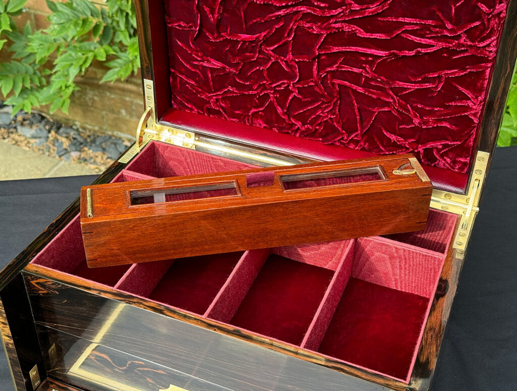Close up of the removable travelling box from an Antique Jewellery Box with Secret Internal Travelling Box and Glass Display Area.