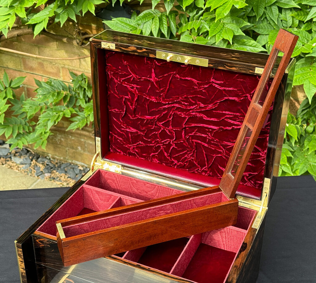 Close up of the open travelling box from an Antique Jewellery Box with Secret Internal Travelling Box and Glass Display Area.