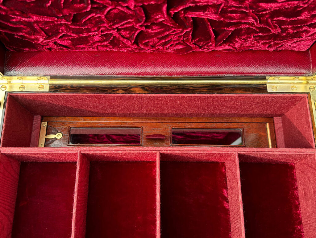 Close up view of the removable travelling box in place from an Antique Jewellery Box with Secret Internal Travelling Box and Glass Display Area.