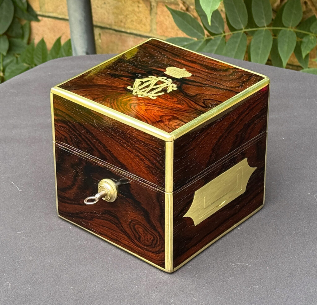 Front right view of a Miniature Antique Jewellery Box by David Edwards.