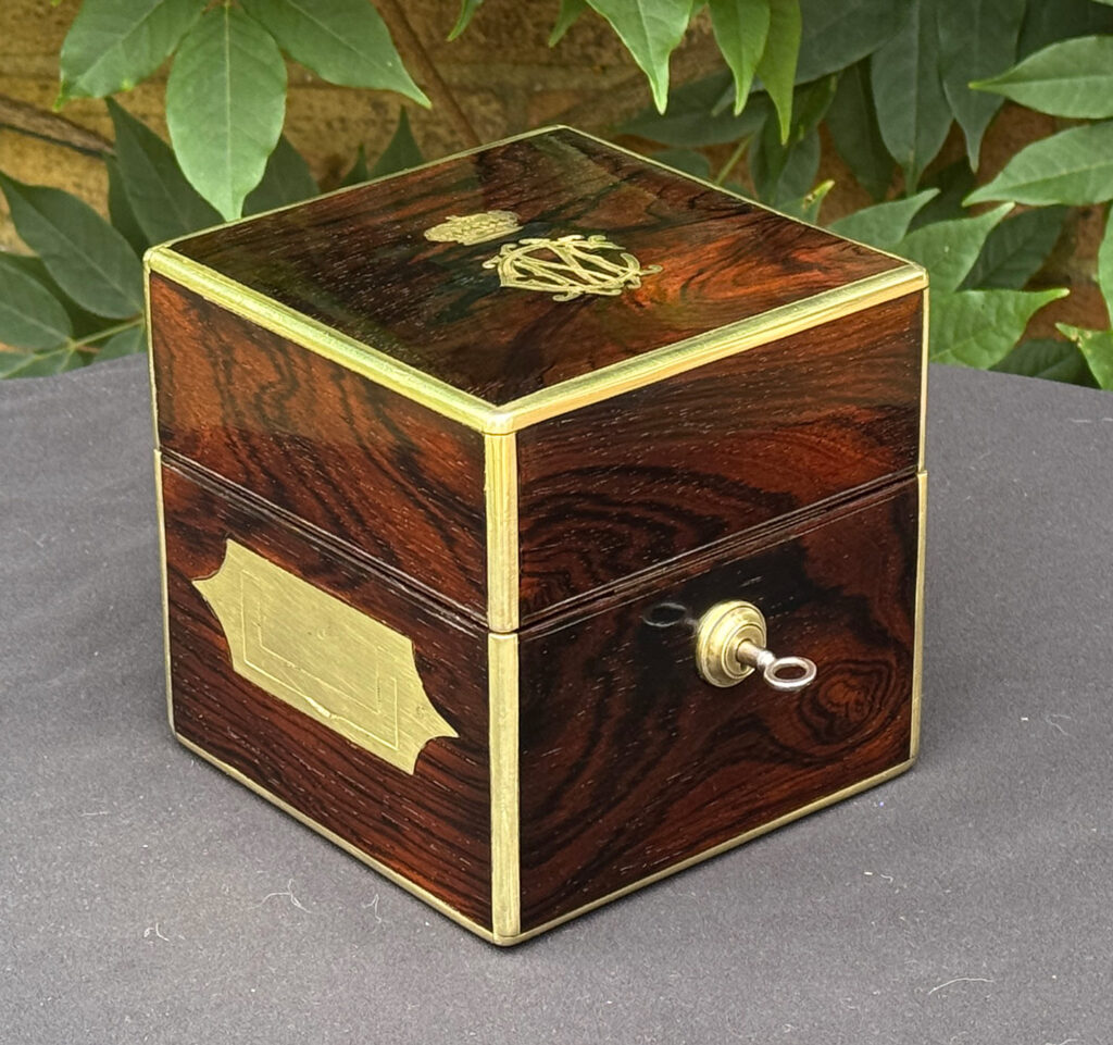 Front left view of a Miniature Antique Jewellery Box by David Edwards.