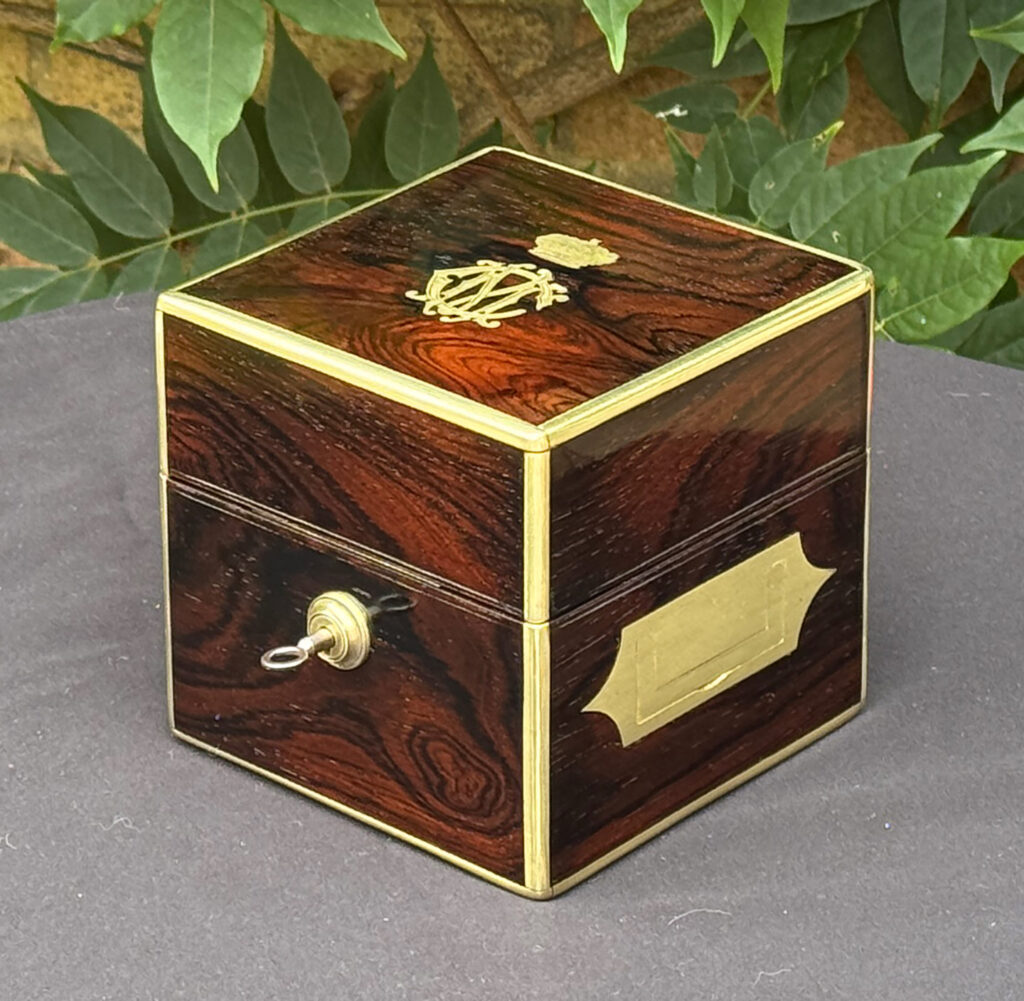 Front right closed view of a Miniature Antique Jewellery Box by David Edwards.