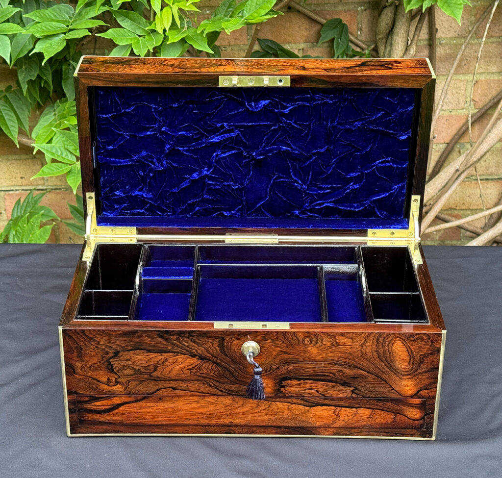 Front internal view of an Antique Jewellery Box in Rosewood.