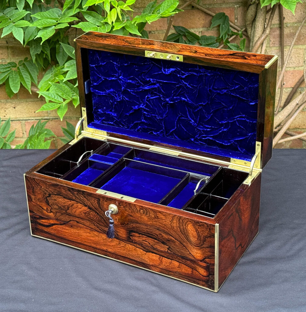 Front right internal view of an Antique Jewellery Box in Rosewood.