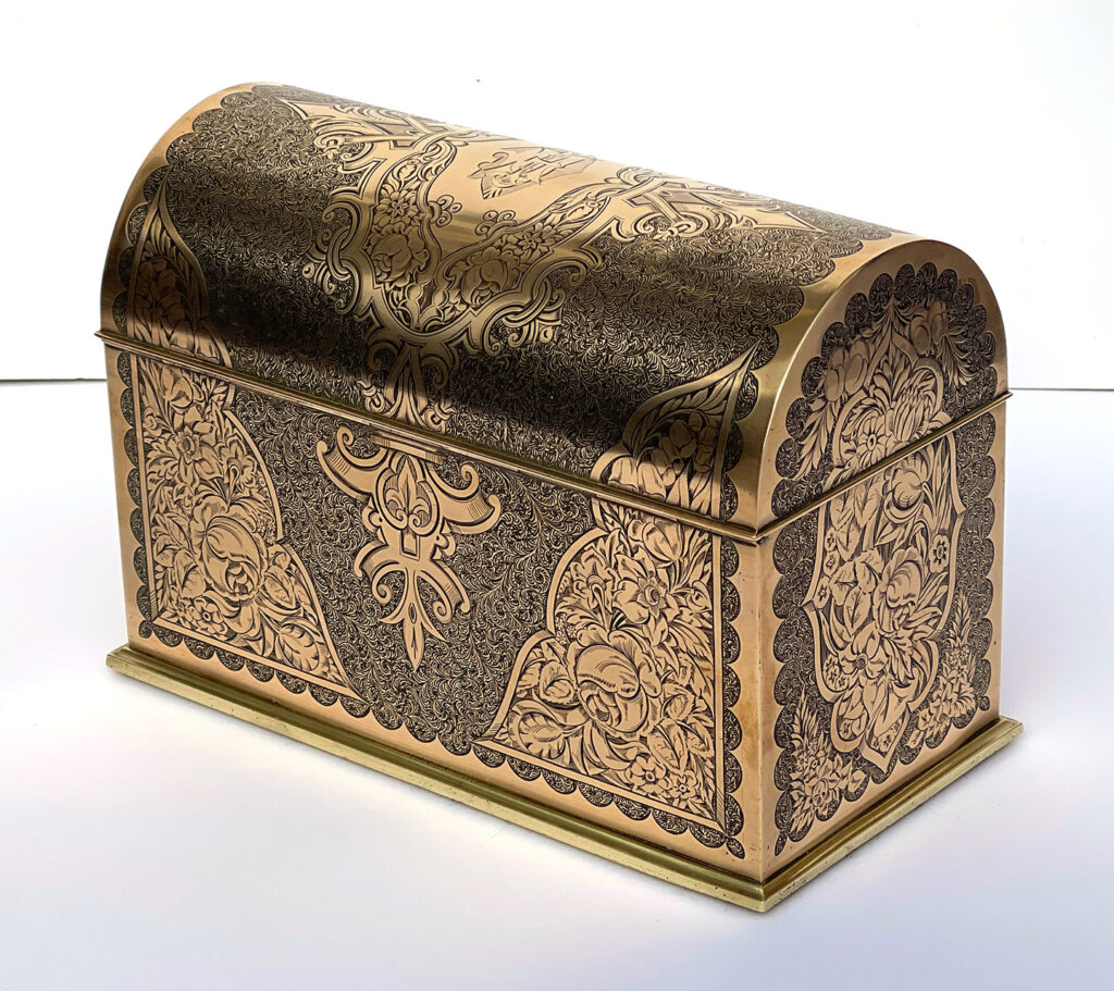Front right view of an Antique Engraved Brass Jewellery Box, by George Betjemann and Sons.