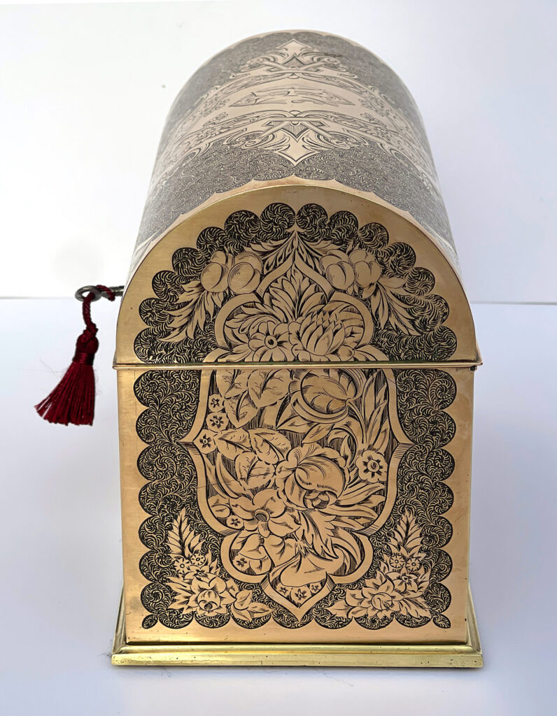 Right side view of an Antique Engraved Brass Jewellery Box, by George Betjemann and Sons.