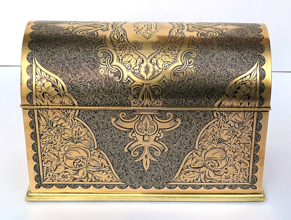 Rear view of an Antique Engraved Brass Jewellery Box, by George Betjemann and Sons.