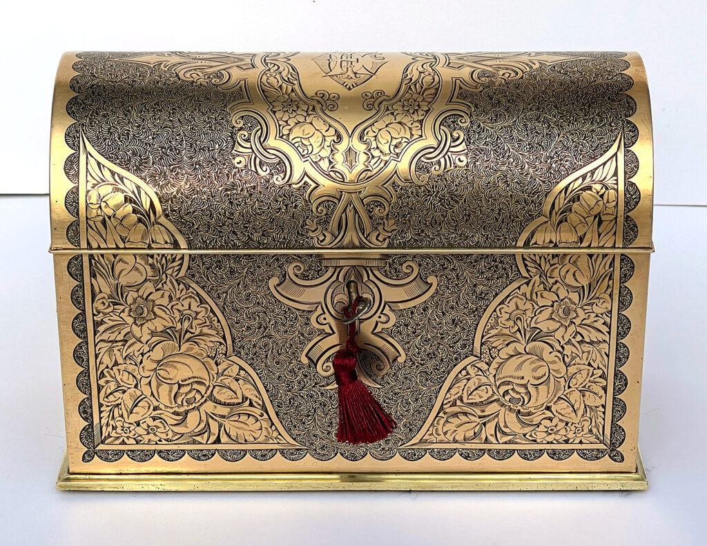 Front view of an Antique Engraved Brass Jewellery Box, by George Betjemann and Sons.